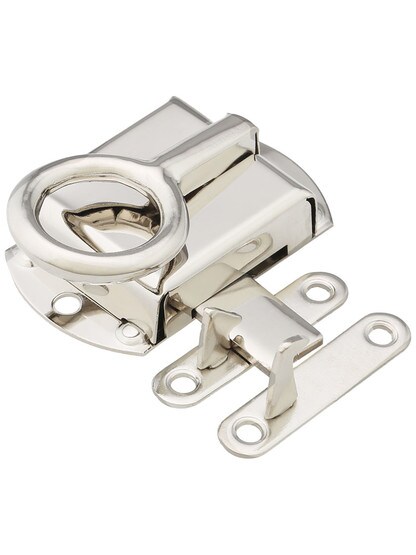 Solid Brass Hoosier Left-Hand Cabinet Latch in Polished Nickel.